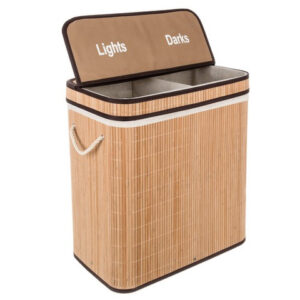 Καλάθι απλύτων bamboo Ruhhy 100L με καπάκι και δύο διαμερίσματα σε καφέ χρώμα