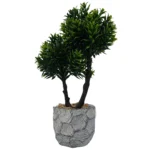 Τεχνητό bonsai δεντράκι με πράσινο φύλλωμα και διπλό κορμό σε ανάγλυφη γλάστρα τύπου πέτρας – διακόσμηση χωρίς φροντίδα για σπίτι ή γραφείο