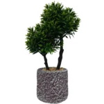 Τεχνητό bonsai με πράσινο φύλλωμα σε ανάγλυφη μωβ-γκρι γλάστρα τύπου πέτρας – zen διακόσμηση για εσωτερικό χώρο χωρίς φροντίδα