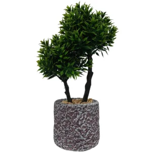 Τεχνητό bonsai με πράσινο φύλλωμα σε ανάγλυφη μωβ-γκρι γλάστρα τύπου πέτρας – zen διακόσμηση για εσωτερικό χώρο χωρίς φροντίδα