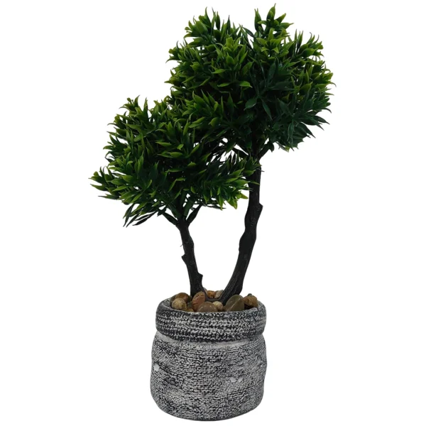 Τεχνητό bonsai δέντρο με πράσινο φύλλωμα σε γλάστρα μαύρου τσιμέντου με ασημί λεπτομέρειες – μοντέρνο διακοσμητικό για γραφείο ή σπίτι