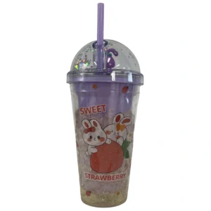 Παιδικό ποτήρι 450ml Sweet Strawberry με κουνελάκια  καπάκι με φιγούρα & καλαμάκι – ιδανικό για κορίτσια