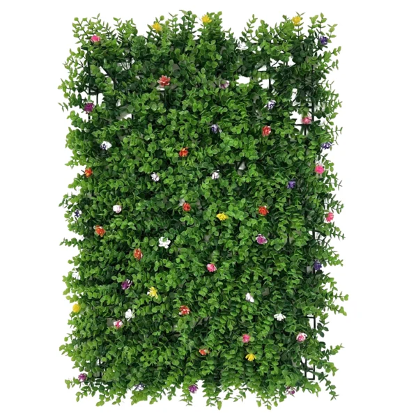 Συνθετική φυλλωσιά πάνελ 60x40cm με πολύχρωμα λουλουδάκια για τοίχο, ιδανική για διακόσμηση εσωτερικού και εξωτερικού χώρου