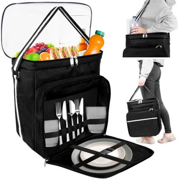 Θερμική τσάντα picnic μαύρη 35x23x35 cm από 600D Oxford με θήκη μπουκαλιού