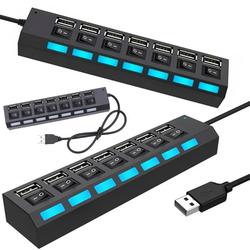 USB hub 7 θυρών 2.0 μαύρο με διακόπτες ON/OFF και καλώδιο σύνδεσης
