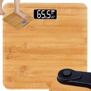 Ηλεκτρονική ζυγαριά μπάνιου bamboo 180kg με LCD οθόνη και θερμόμετρο