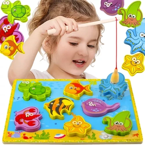 Ξύλινο παιχνίδι ψαρέματος Kruzzel "FISH" PUZZLE με καλάμι και θαλάσσια ζώα