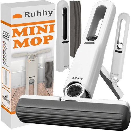 Λευκή έξυπνη mini σφουγγαρίστρα Ruhhy Minimop με δύο μπλε επιθέματα.