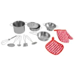Παιδικό σετ κουζινικών METAL POTS SET με 13 μεταλλικά σκεύη και διαφανές σακίδιο μεταφοράς.