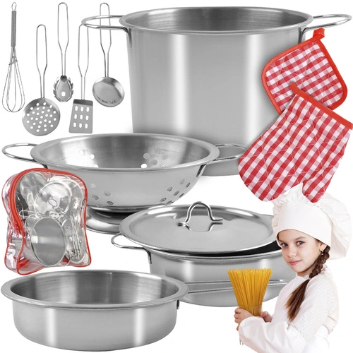 Παιδικό σετ κουζινικών METAL POTS SET με 13 μεταλλικά σκεύη και διαφανές σακίδιο μεταφοράς.