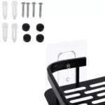 Σετ 2 μαύρων μεταλλικών ραφιών μπάνιου ALUMINUM BATHROOM SHELF με γάντζους τοποθετημένα σε τοίχο.