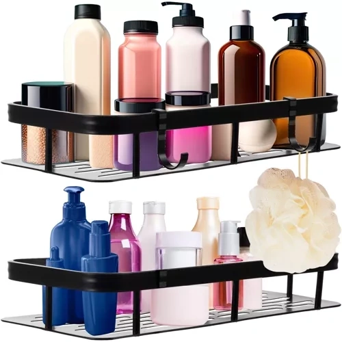 Σετ 2 μαύρων μεταλλικών ραφιών μπάνιου ALUMINUM BATHROOM SHELF με γάντζους τοποθετημένα σε τοίχο.