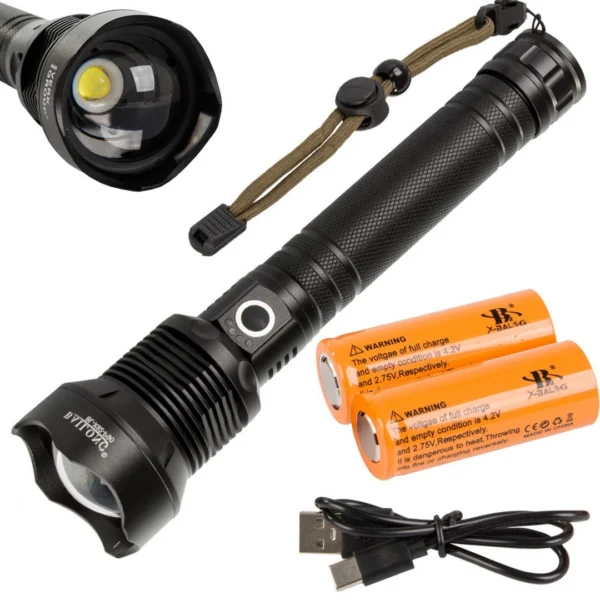 Φακός Bailong® X92 LED CREE XHP90 σε μαύρο χρώμα με λειτουργία zoom και αλουμινένιο σώμα.